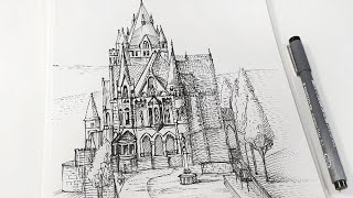 Schloss Drachenburg, Germany (Vertical Video) - pen drawing sounds ASMR - sketch step by step