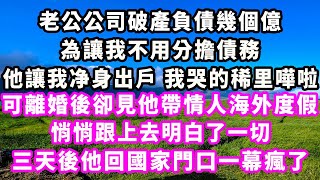 老公公司破產負債幾個億，為讓我不用分擔債務他讓我净身出戶，我哭的稀里嘩啦，可離婚後卻見他帶情人海外度假，悄悄跟上去明白了一切，三天後他回國家門口一幕瘋了#爽文#大女主#現實情感#家庭