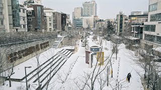 [4K] 2022 설날 이른 아침, 눈쌓인 조용한 홍대 거리 산책 ASMR - 경의선 책거리, 경의선숲길, 연남동카페거리, 홍대축제거리, 상수카페거리