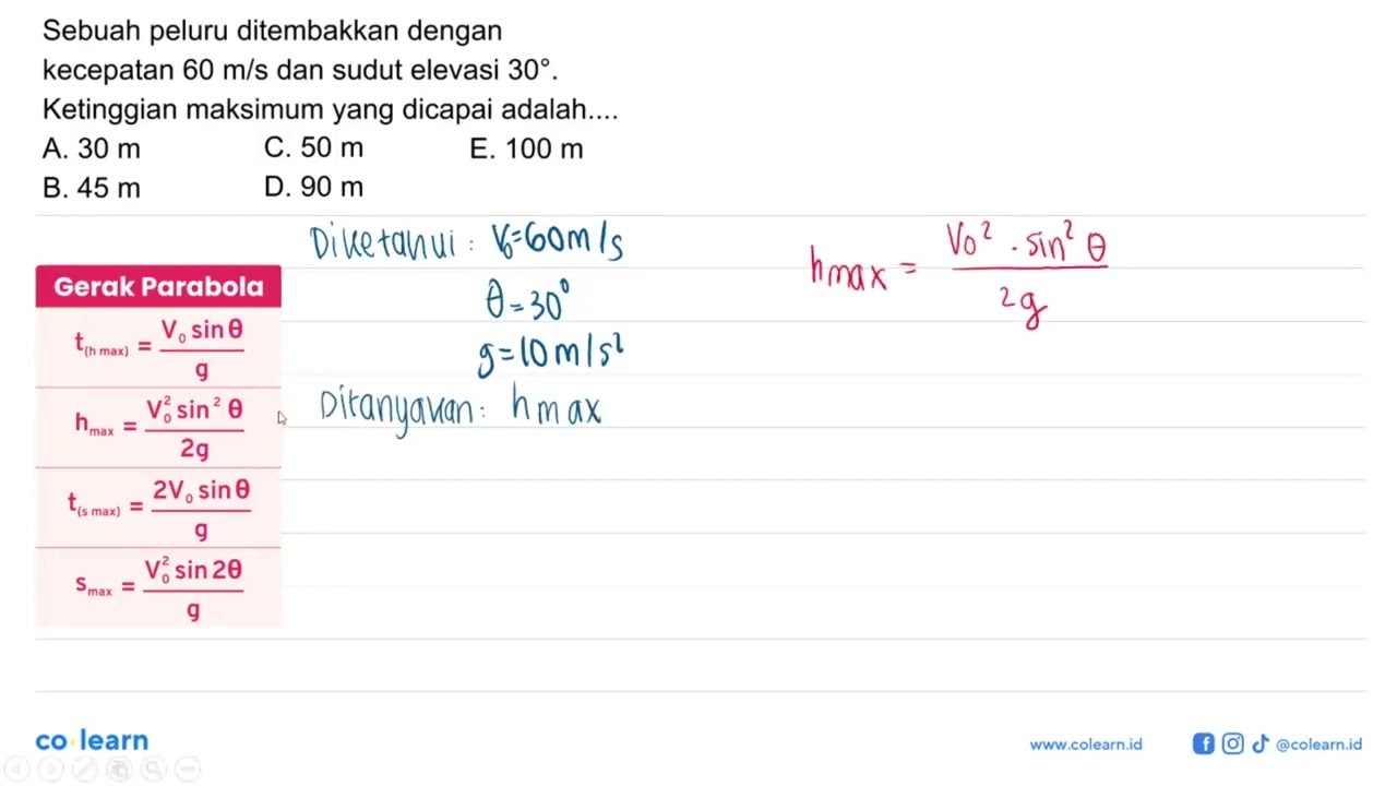 Sebuah Peluru Ditembakkan Dengan Kecepatan 60 M/s Dan Sudut Elevasi 30 ...