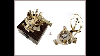 Nautical Shiny Brass Hadley Sextant in Wooden Box/ Pocket Sundial Brass Compass Handmade Collectible