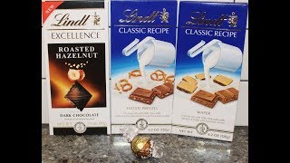 Lindt Lindor Butter Pecan, Excellence: Roasted Hazelnut, Classic Recipe: Salted Pretzel \u0026 Wafer