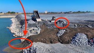 EP64!Extra battery action on the project! Pour rocks into a large lake using a trucks \u0026Wheel loader