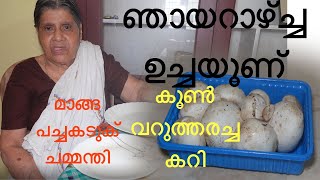 ഞായറാഴ്ച്ച ഉച്ചയൂണ്/വറുത്തരച്ച കൂൺ കറി മാങ്ങ ചമ്മന്തി /Mushroom masala sunday lunch