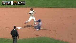 LAD@SF: Duffy starts double play to end the frame