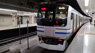 JR東日本217系ｸﾗY129編成+ｸﾗY34編成が快速東京行きとして東京駅総武地下ホーム3番線を入線到着するシーン(4814F)2025.1.02.20:02