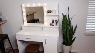 Vanity Desk with Mirror and Lights Review | Makeup Vanity with Drawers \u0026 Cabinet 3 Dimming Modes