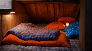 Snowstorm night, Comfortable wooden loft cabin, snowfall sounds