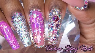 Acrylic Nails Tutorial - How To Encapsulated Nails - Fuchsia Bling Nail Piercing - Acrylic Infill