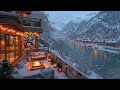 cozy winter terrace scene ❄️warm fireplace glow snowy vibes u0026 smooth jazz for relaxing winter night