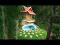 Survival Girl Living Alone Building A House Wooden Villa and Mud Roof on Underground Swimming Pool