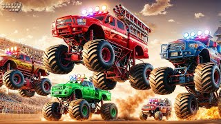 Colorful Monster Fire Trucks 🚒 Face Off in 🔥 Epic Racing Challenge! Monster Jam Stunts \u0026 Crashes