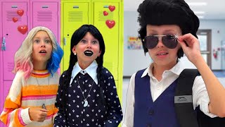 Alice and Wednesday Addams at school with friends  - Pink vs. Black Challenge