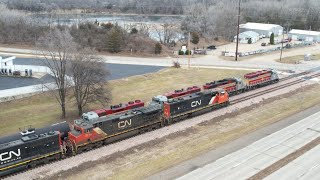 IOWA NORTHERN AND CN ACTION! MULTIPLE TRAINS WITH RIVER DRONE VIEWS!