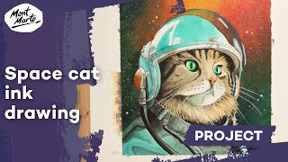 Cat in Space Art with Acrylic Inks - Cat Drawing Tutorial