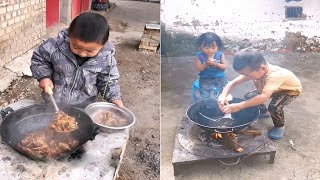 貴重な田舎のライフスタイル小さな男の子が素晴らしい故郷から料理を作るRural lifestyle little boy cook food from wonderful hometown