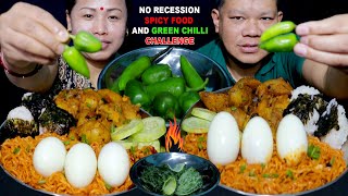 NO RECESSION SPICY FOOD AND GREEN CHILLI EATING CHALLENGE| SPICY NOODES, EGGS, A