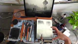 Atmospheric landscape charcoal drawing