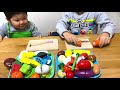 let s cut vegetables fruits and fish with a wooden house set 1