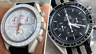 MoonSwatch and Omega Speedmaster Moonwatch side by side comparison