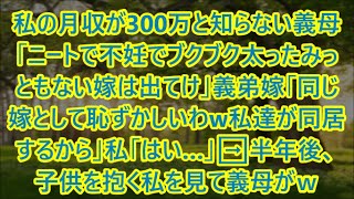 私の月収が300万と知らない義母「ニートで不妊でブクブク太ったみっともない嫁は出てけ」義弟嫁「同じ嫁として恥ずかしいわw私達が同居するから」私「はい…」➡半年後、子供を抱く私を見て義母がｗ【スカッと】