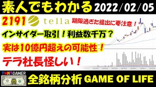 【全銘柄分析】2191 テラ！インサイダー容疑！提携先関係者ら逮捕！利益数千万？実は利益10億超えも！テラ社長も怪しい！事前に建設会社に株を譲渡！報告書提出も遅い！【20220205】