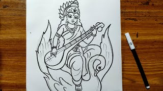 how to draw saraswati devi,maa saraswati ful figer drawing,line art maa saraswati thakur,