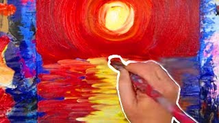 Easy Beginner Abstract Painting | Fiery Red Sunset Ocean Reflection