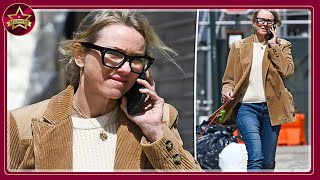 Makeup free Naomi Watts looks stylish in a corduroy jacket and chic glasses