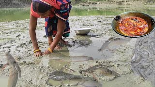 Amazing Hand catching fish,singhi fish cooking\u0026eating in village, catching fish in mud water by hand