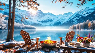 Winter Lakeside Serenity: Crackling Fire Pit and Soothing Sounds of Nature for Relaxation