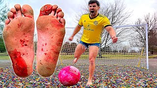 Playing BOWLING BALL SOCCER on Legos *FEET DESTROYED*