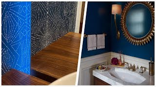 75 Blue Powder Room With Medium Tone Wood Cabinets Design Ideas You'll Love 🔴