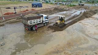 Nice Project Super mini Bulldozer Moving Sand Clear into Water with Dump Truck Unloading Sand