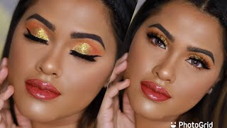 Glitter Yellow Gold \u0026 Orange Eyes with Glossy lips | Easy Makeup Steps | Golden Reflection Makeup