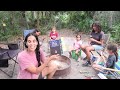 family camping set up with 5 kids in a tent