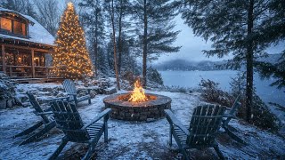 Tranquil Winter Serene Evening: Snow Falling and Cozy Fire Pit \u0026 Nature Sounds for Stress Relief 🌨️🔥