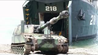 The Taiwan Navy County Class LST offloads vehicles during the annual Han Kuang military exercises