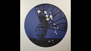 446) Chinese Vase Flower Fan Demo: Yasutomo Ink, China White, Yellow Gouache, pre mounted xuan paper