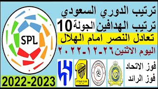ترتيب الدوري السعودي وترتيب الهدافين الجولة 10 الاثنين 26-12-2022 - فوز الاتحاد وتعادل النصر والهلال