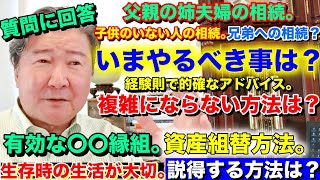 父親の姉夫婦の相続。子供のいない人の相続。兄弟への相続？いまやるべき事は？質問に回答。経験則で的確なアドバイス。複雑にならない方法は？有効な〇〇縁組。資産組替方法。生存時の生活が大切。説得する方法は？