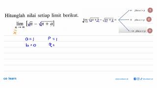 Hitunglah nilai setiap limit berikut.  lim n mendekati tak hingga [akar(n)-akar(n+a)]