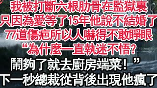 我被打斷六根肋骨在監獄裏，只因為愛等了15年他說不結婚了，77道傷疤所以人嚇得不敢睜眼，“為什麼一直執迷不悟？鬧夠了就去廚房端菜！”下一秒總裁從背後出現他瘋了【顧亞男】【高光女主】【爽文】【情感】