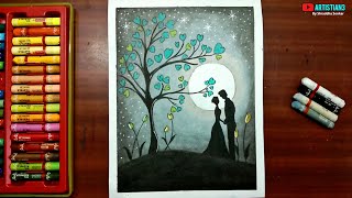 Romantic Anime Couple Drawing with Oil Pastels - step by step