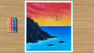 How to Draw Easy Beach Sunset / Oil Pastel Drawing For Beginners