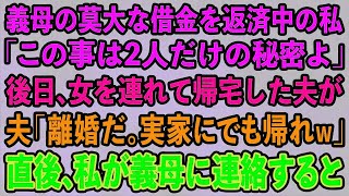 【スカッとする話】義母の莫大な借金を返済中の私。義母「この事は2人だけの秘密よ」後日、女を連れて帰宅した夫「お前とは離婚だ！実家にでも帰れw」直後、私が義母に連絡すると   【修羅場】