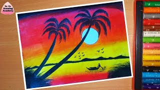 How to Draw Sunset Scenery For Beginners With Oil Pastel - Step by Step very easy