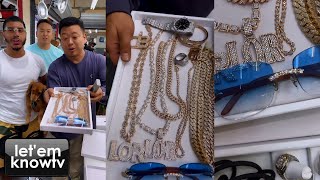 Cj At Franky Diamonds With A Tray Full Of Crazy Diamond Chains, Watches And Iced Out Glasses