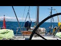 Sailing Canaries into Puerto Mogan, Gran Canaria.