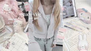 STUDY WITH ME | productive studying, pink notes, sanrio girly stationary, shopping haul, kpop 🐰🎐🫧‧₊˚